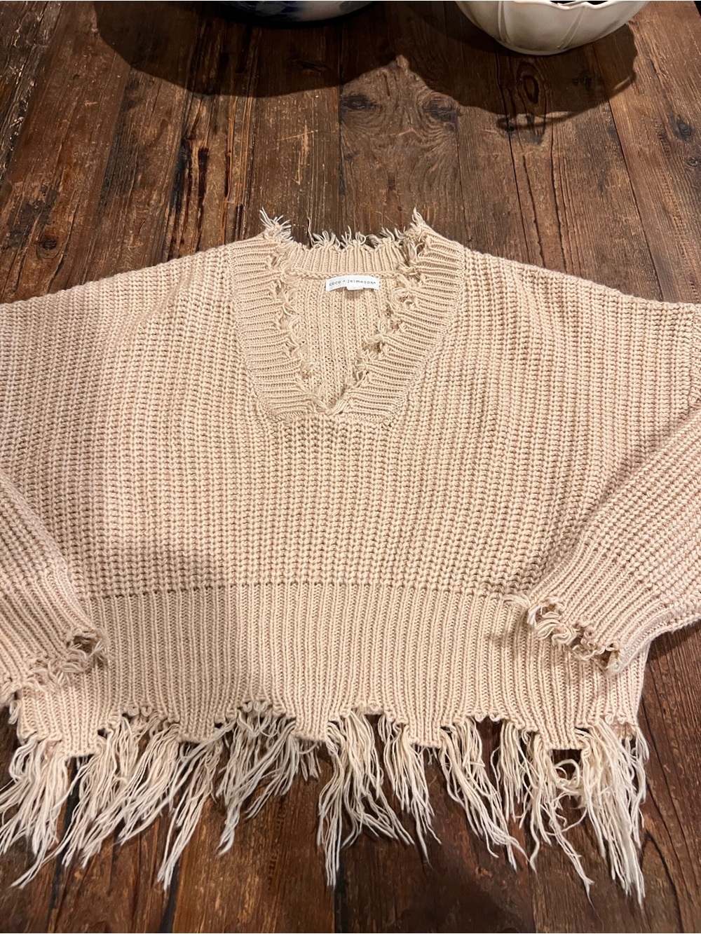 Distressed Fringe V-Neck Sweater - Beige small